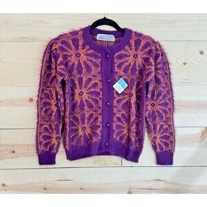 Berlin Vintage Purple Orange Retro Fuzzy Knit Cardigan Sweater Womens S NWT